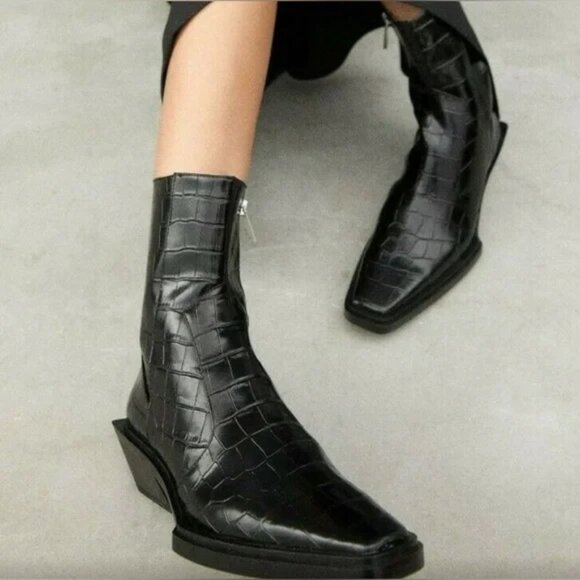 Zara Black Animal Print Ankle Boots Geometrical Cowboy Heel - Picture 1 of 8